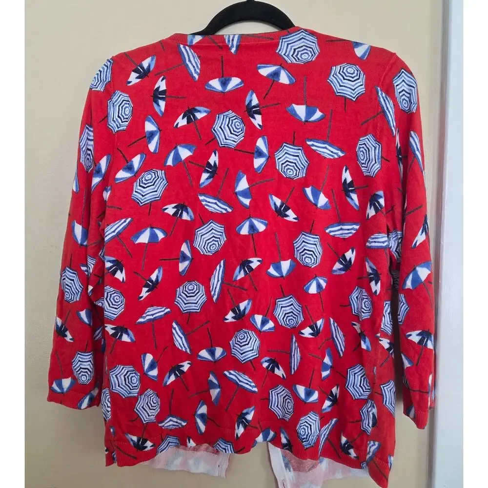 Talbots Beach Umbrella Print Cardigan Sweater Womens Large Red Blue Button Front
